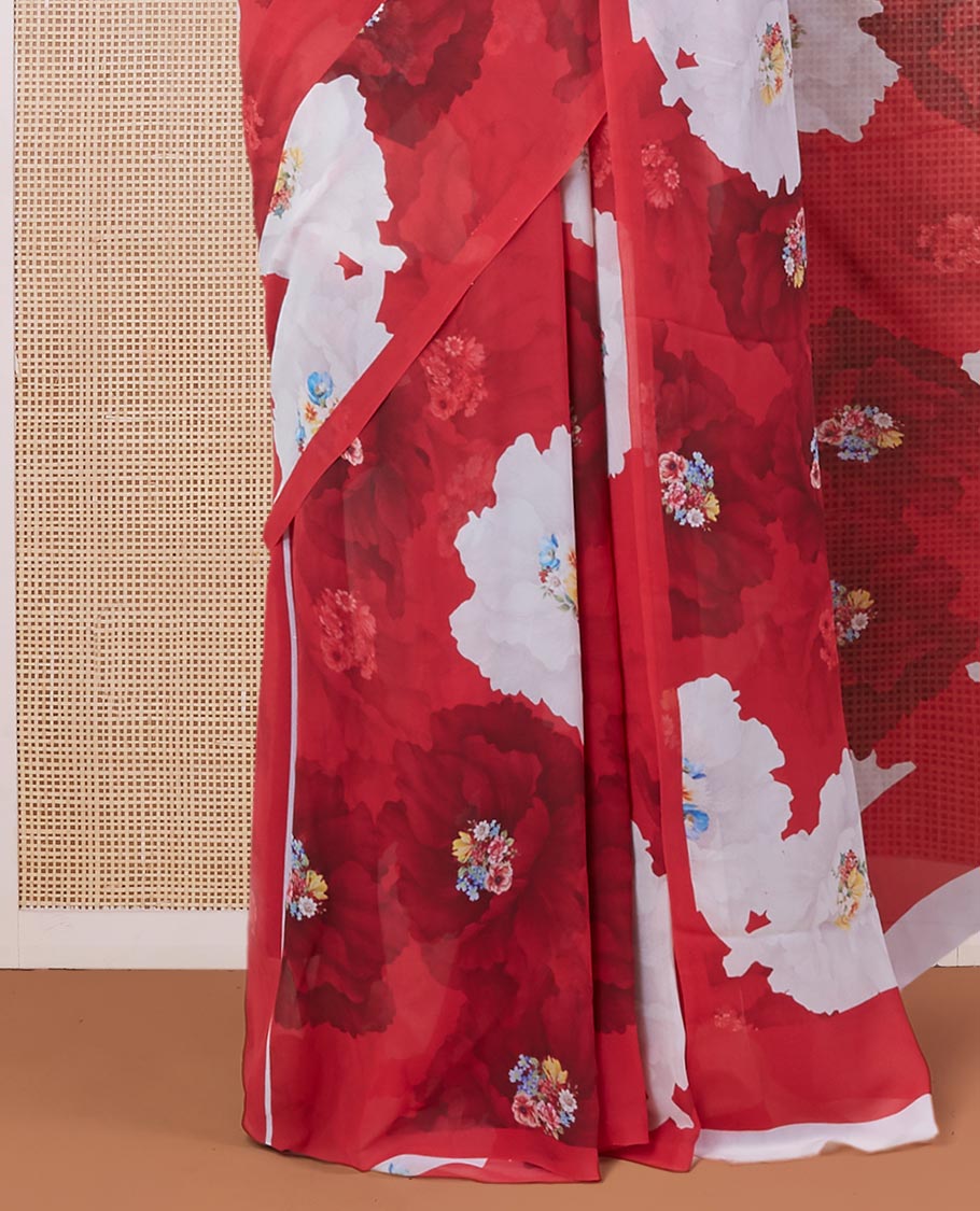 Borderless red digitally printed pure georgette saree with abstract & colorful floral bunch motifs print