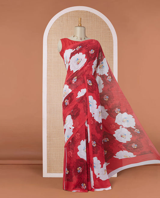 Borderless red digitally printed pure georgette saree with abstract & colorful floral bunch motifs print