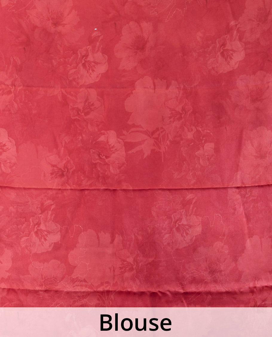 Borderless red digitally printed pure georgette saree with abstract & colorful floral bunch motifs print