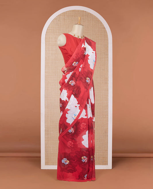 Borderless red digitally printed pure georgette saree with abstract & colorful floral bunch motifs print