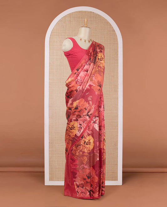 Borderless red floral motifs digital printed pure satin silk saree, matching floral printed blosue