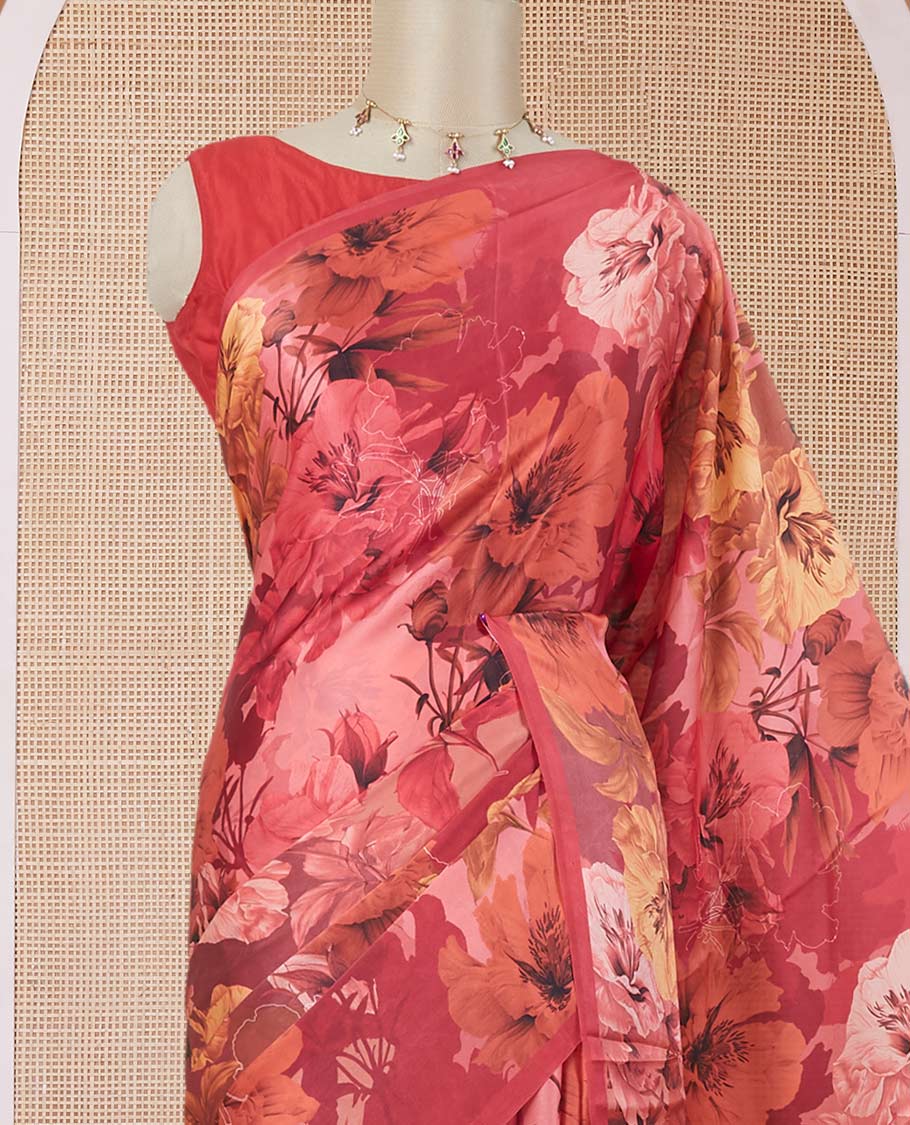 Borderless red floral motifs digital printed pure satin silk saree, matching floral printed blosue