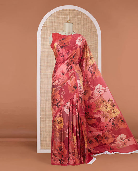 Borderless red floral motifs digital printed pure satin silk saree, matching floral printed blosue