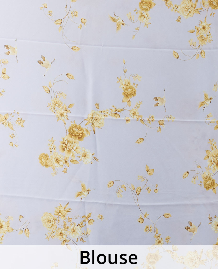 Grey digitally printed pure crepe saree with yellow floral & bird motifs & slanting stripes printed border