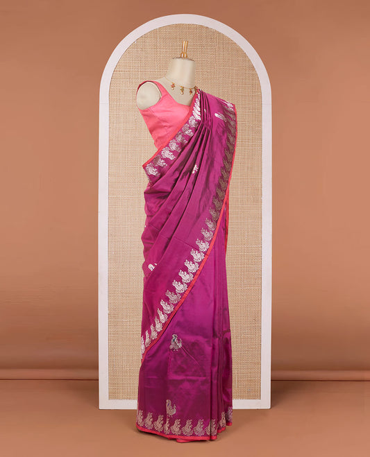 Purple peacock zari buttas katan silk saree, peacock motifs zari border & intricately designed zari pallu