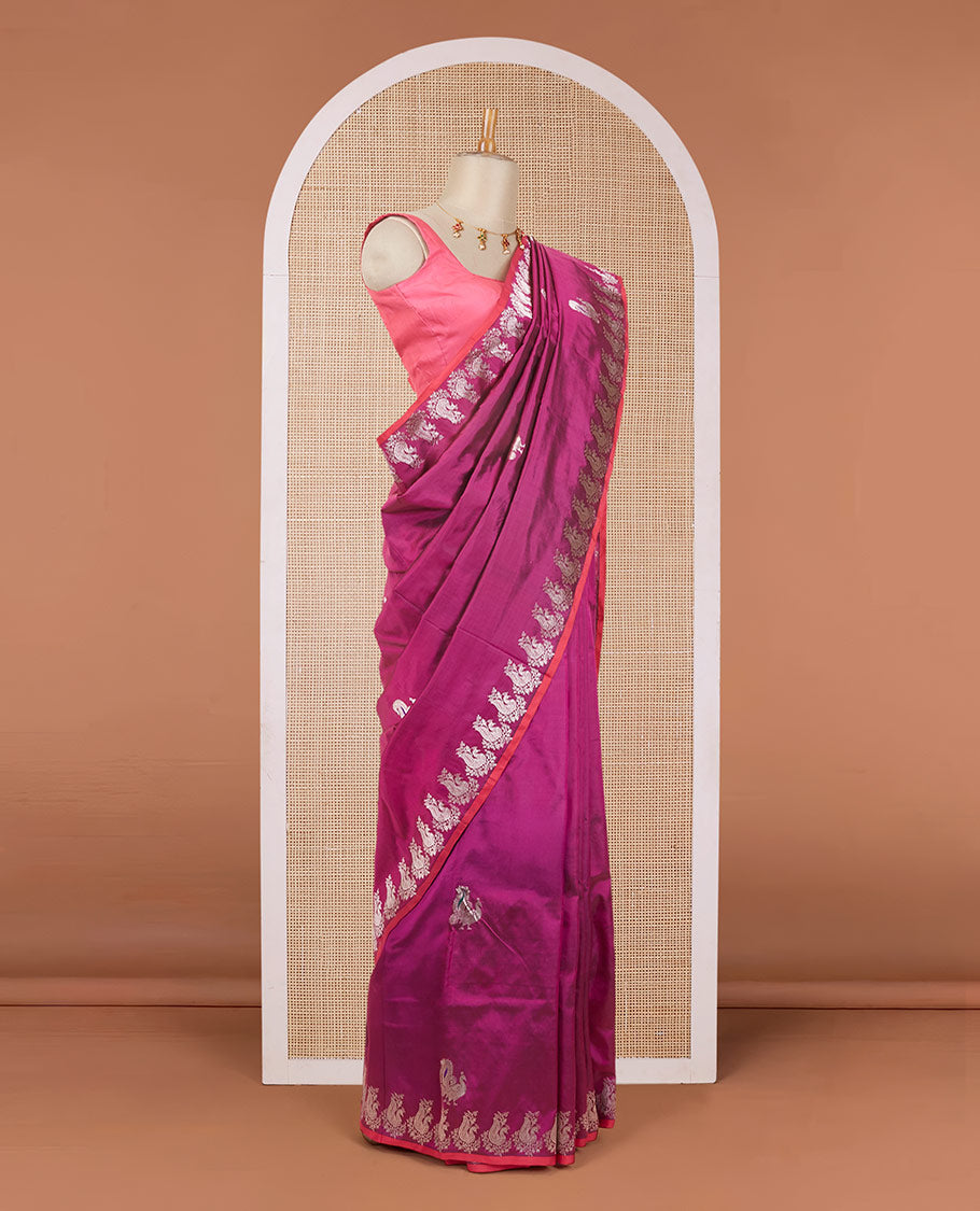 Purple peacock zari buttas katan silk saree, peacock motifs zari border & intricately designed zari pallu