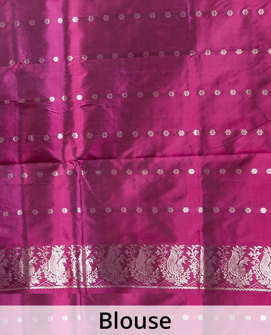 Purple peacock zari buttas katan silk saree, peacock motifs zari border & intricately designed zari pallu