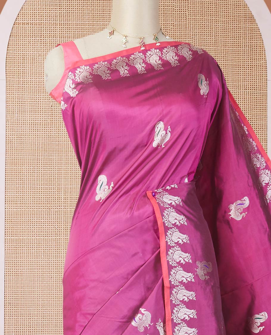 Purple peacock zari buttas katan silk saree, peacock motifs zari border & intricately designed zari pallu