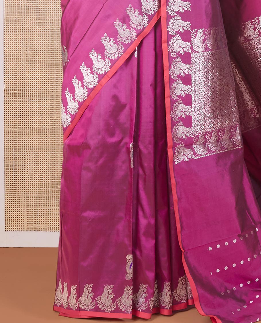 Purple peacock zari buttas katan silk saree, peacock motifs zari border & intricately designed zari pallu