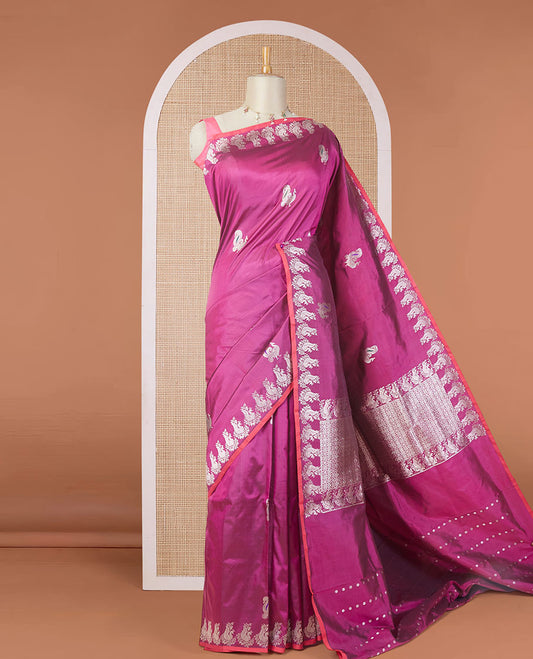 Purple peacock zari buttas katan silk saree, peacock motifs zari border & intricately designed zari pallu