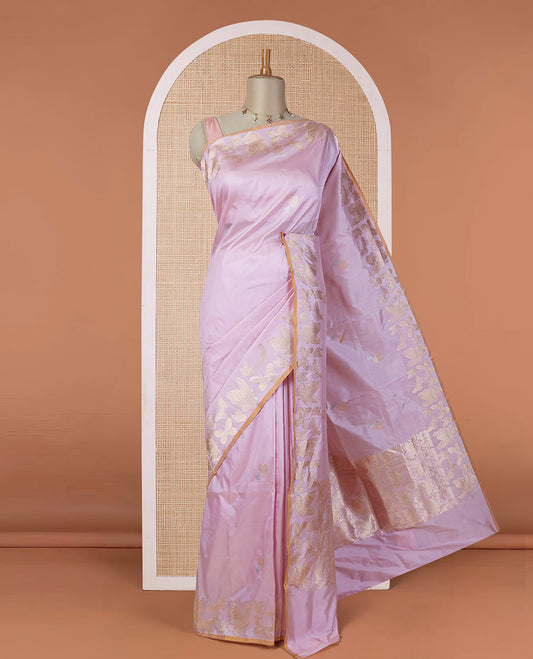 Pink zari buttas katan silk saree, zari border & pallu steeped with delicately woven butterfly motifs