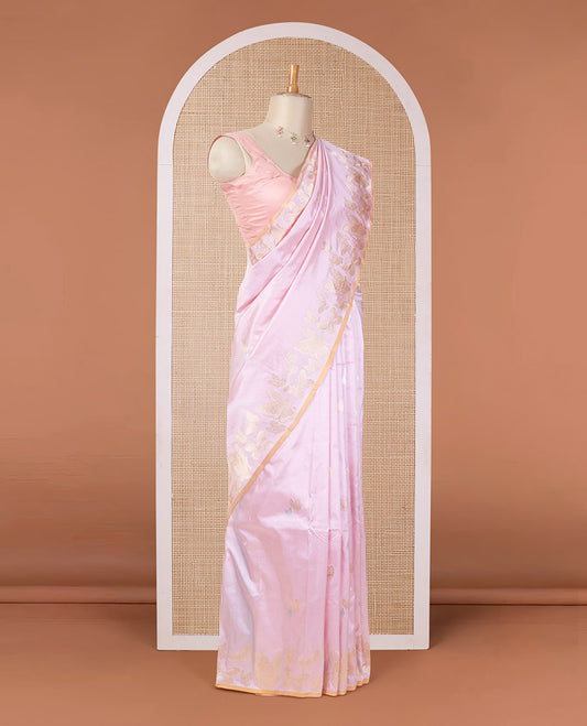 Pink zari buttas katan silk saree, zari border & pallu steeped with delicately woven butterfly motifs