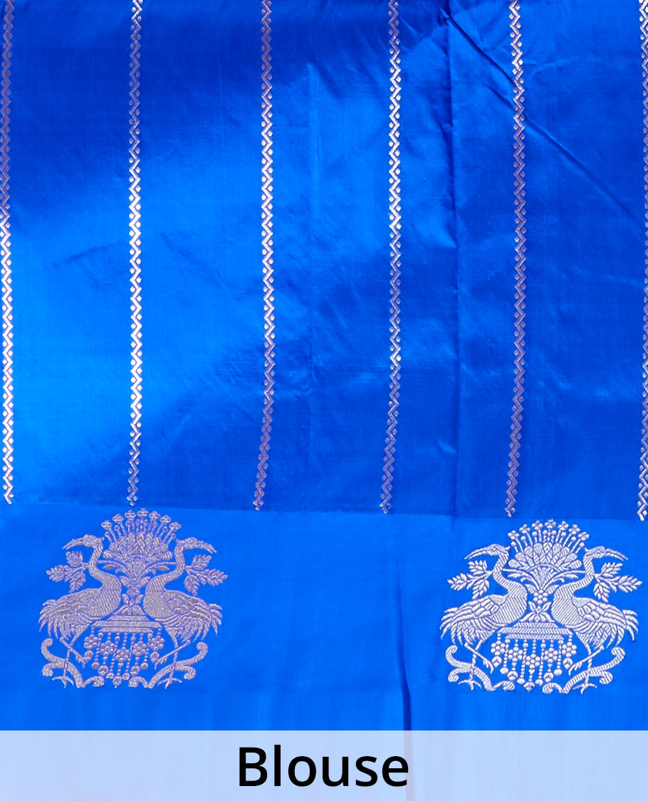 Purple katan silk saree with zari peacock buttas, contrast peacock design zari border & pallu of zari geometric designs