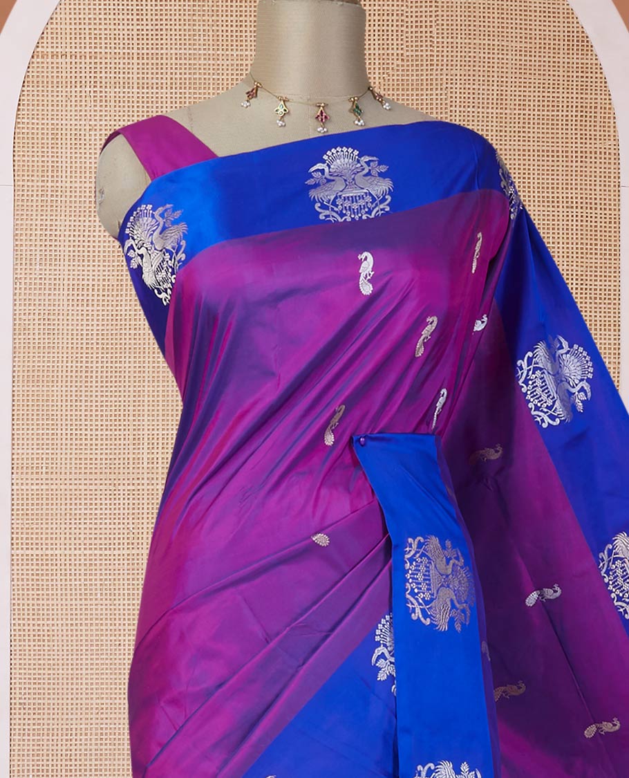 Purple katan silk saree with zari peacock buttas, contrast peacock design zari border & pallu of zari geometric designs