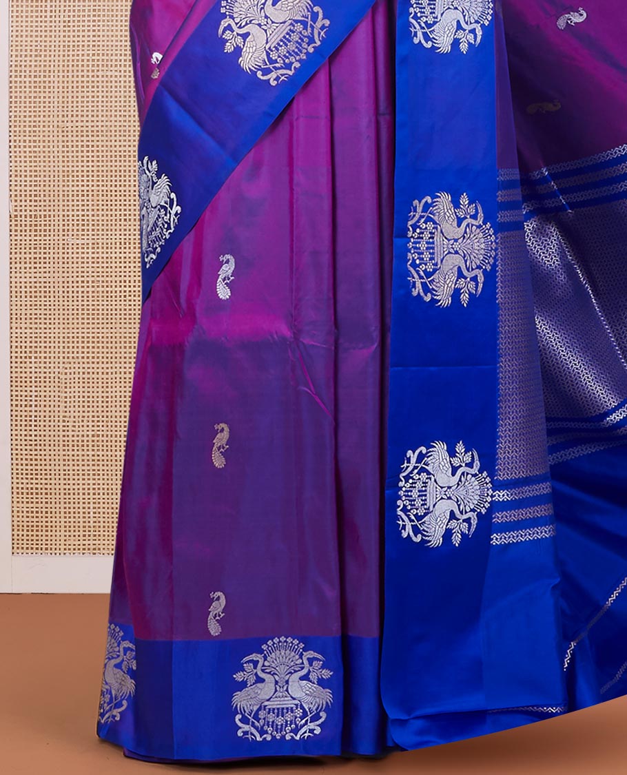 Purple katan silk saree with zari peacock buttas, contrast peacock design zari border & pallu of zari geometric designs
