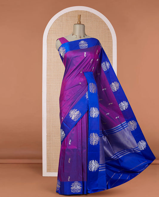 Purple katan silk saree with zari peacock buttas, contrast peacock design zari border & pallu of zari geometric designs