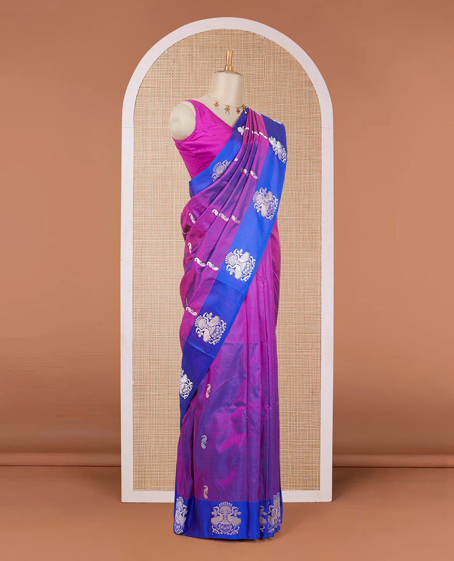 Purple katan silk saree with zari peacock buttas, contrast peacock design zari border & pallu of zari geometric designs
