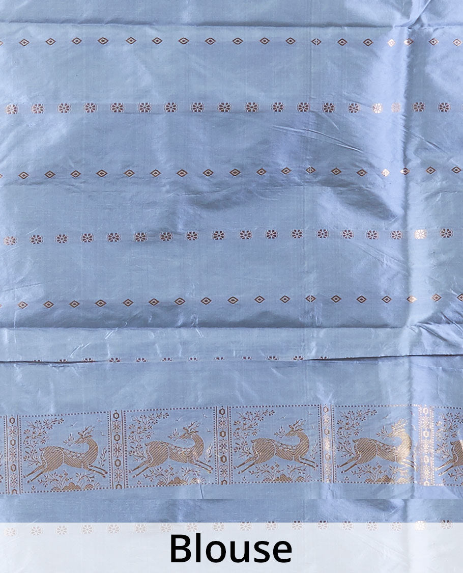 Green katan silk saree with deer motifs, contrast border of deer & human motifs & pallu with deer motif enclosed checks