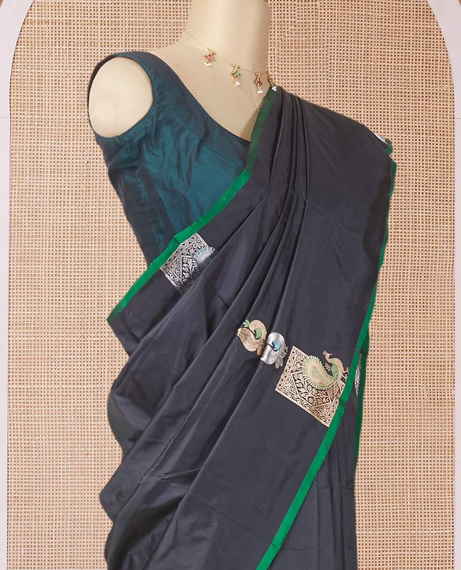 Borderless black katan silk saree with peacock motifs, self-pallu steeped with meenakari peacock motifs