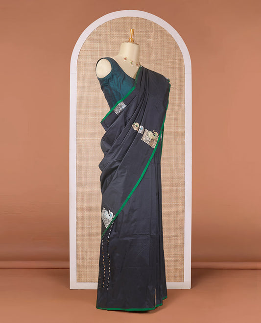 Borderless black katan silk saree with peacock motifs, self-pallu steeped with meenakari peacock motifs