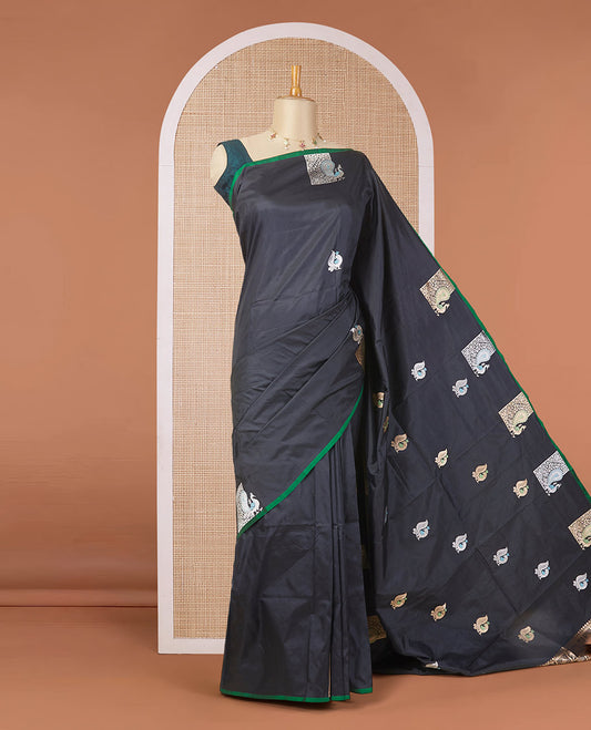 Borderless black katan silk saree with peacock motifs, self-pallu steeped with meenakari peacock motifs