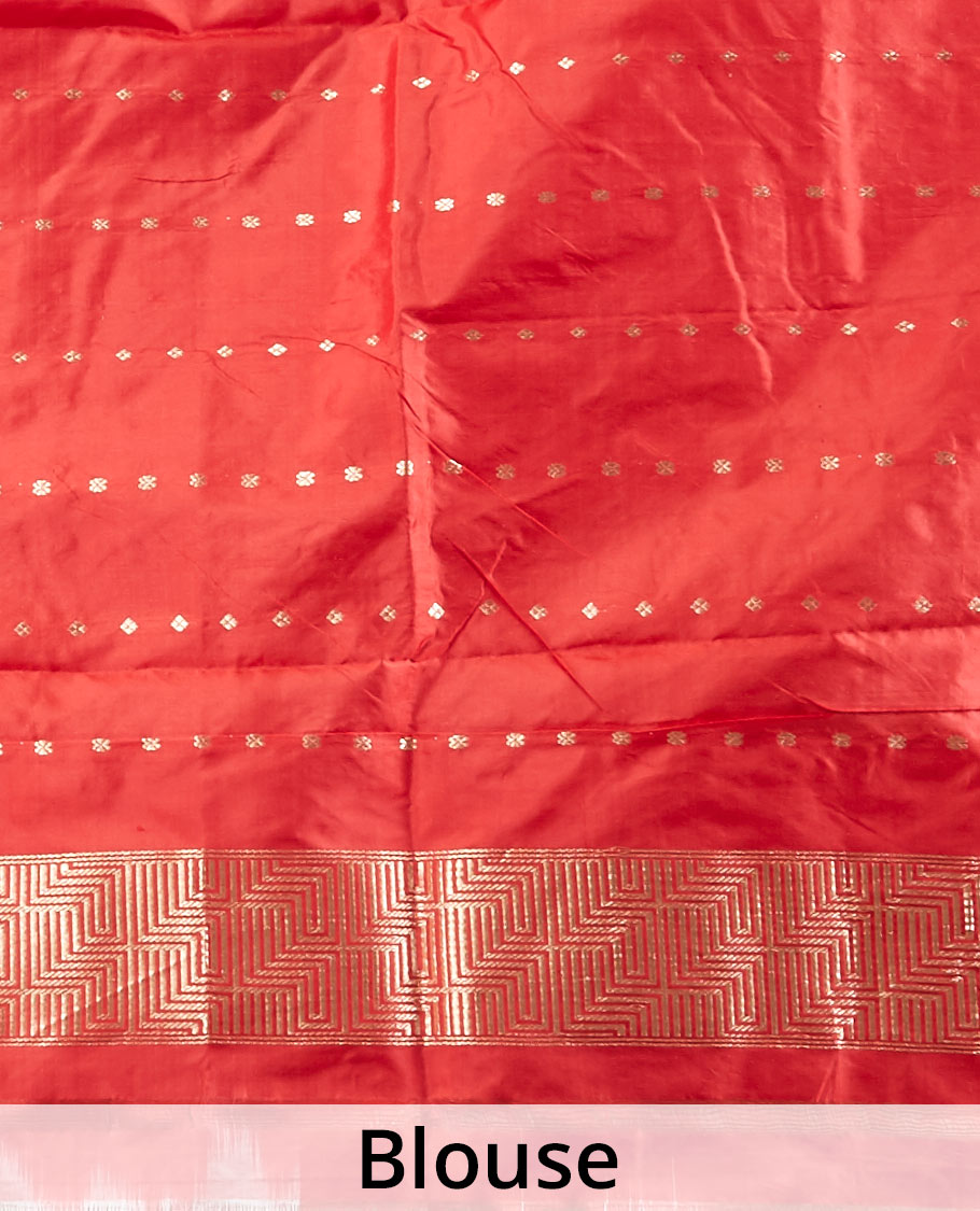 Half-white zari buttas katan silk saree, contrast floral design zari border & geometric patterned pallu