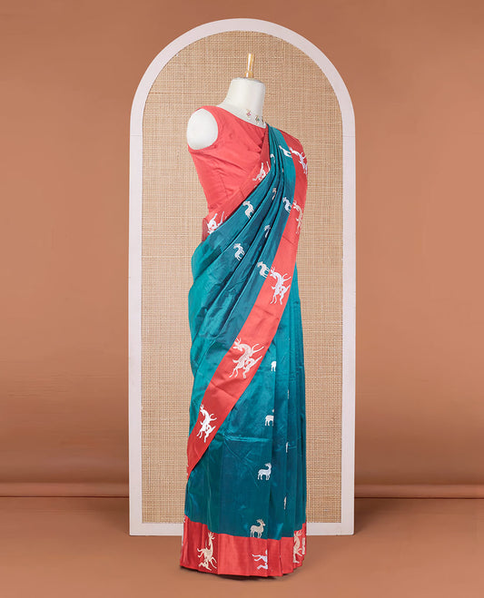 Green zari deer motifs katan silk saree, contrast deer design zari border & scallop design pallu