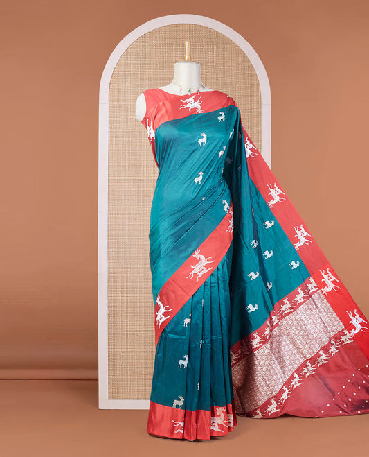 Green zari deer motifs katan silk saree, contrast deer design zari border & scallop design pallu