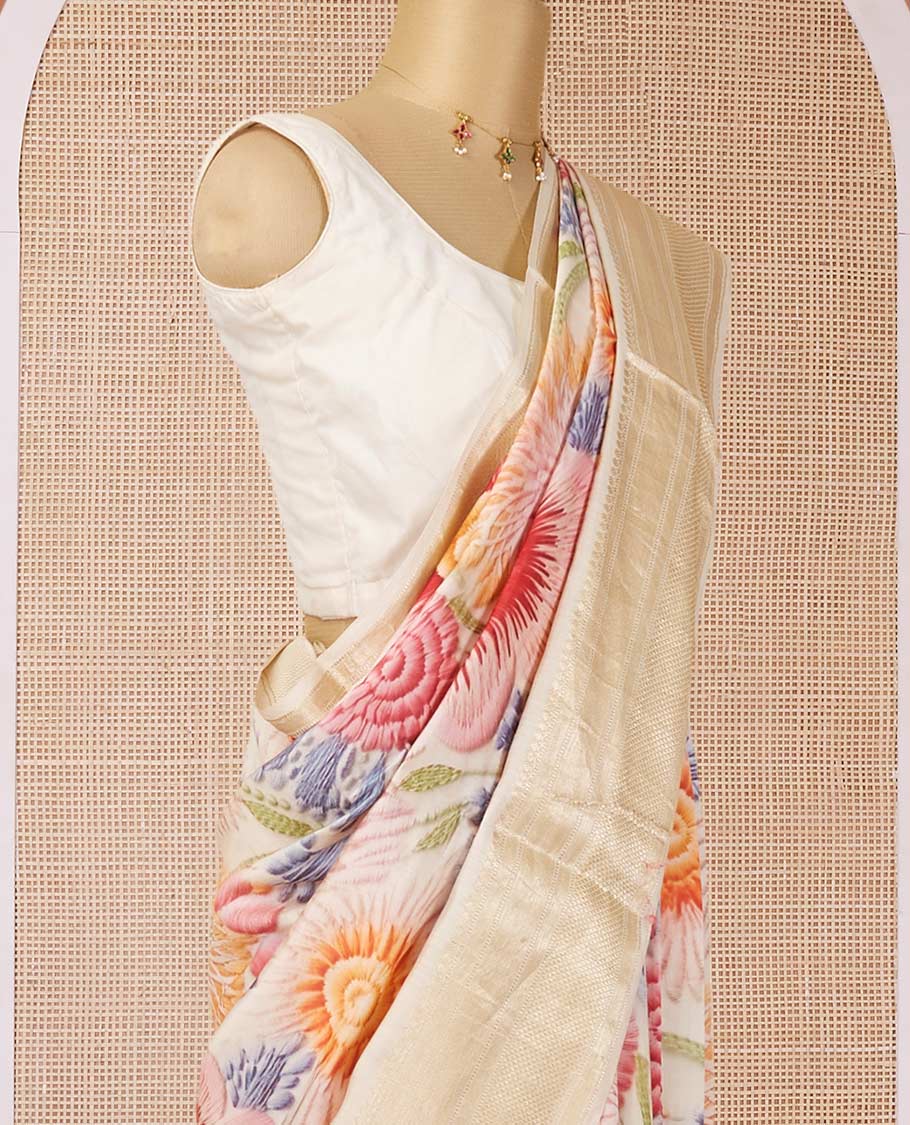 Cream base chiniya silk saree with multi-color, uniquely-shaped floral prints, traditional zari design border