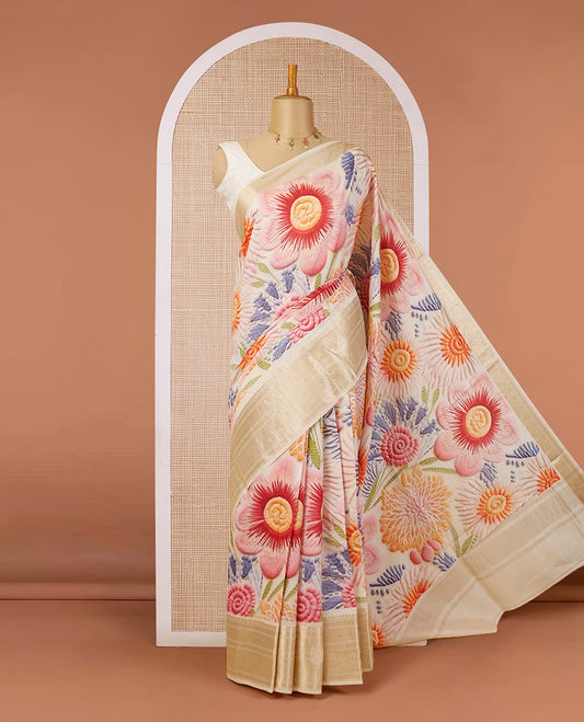 Cream base chiniya silk saree with multi-color, uniquely-shaped floral prints, traditional zari design border