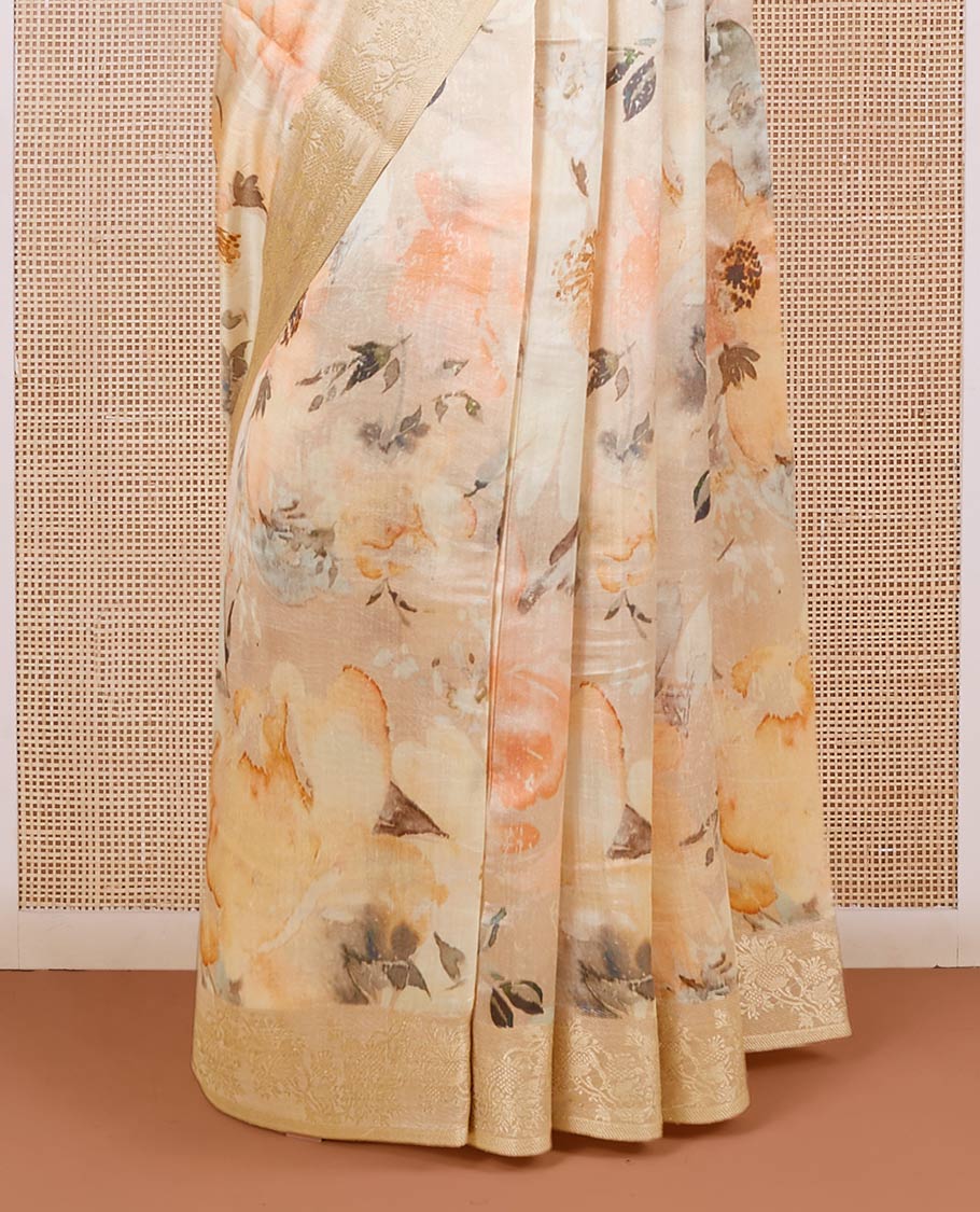 Cream floral motifs digitally printed chiniya silk saree, zari floral designs border & zari pallu
