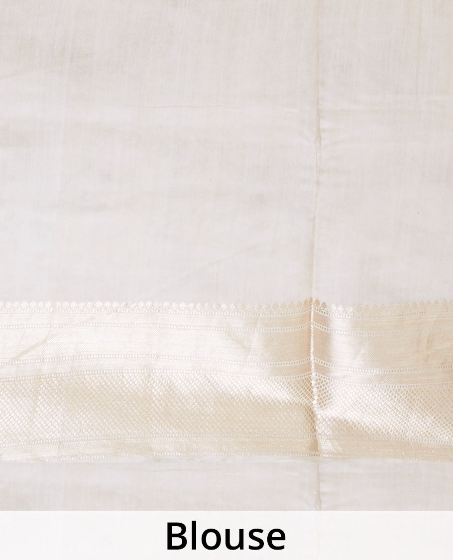 Cream floral printed chiniya silk saree, traditional zari border & zari-rich pallu