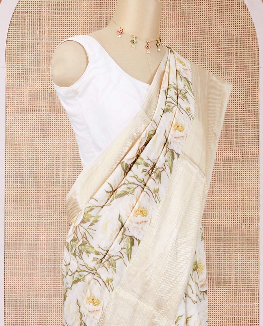 Cream floral printed chiniya silk saree, traditional zari border & zari-rich pallu