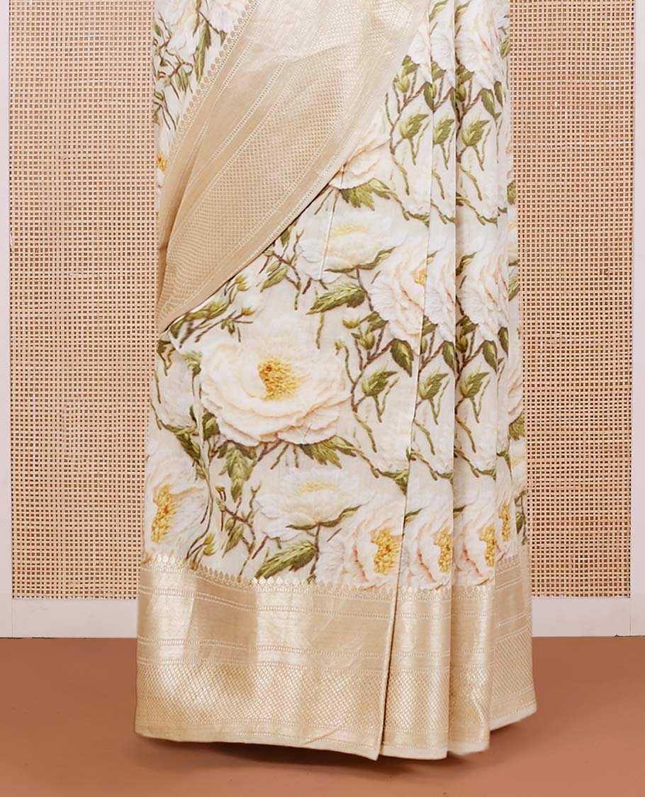 Cream floral printed chiniya silk saree, traditional zari border & zari-rich pallu