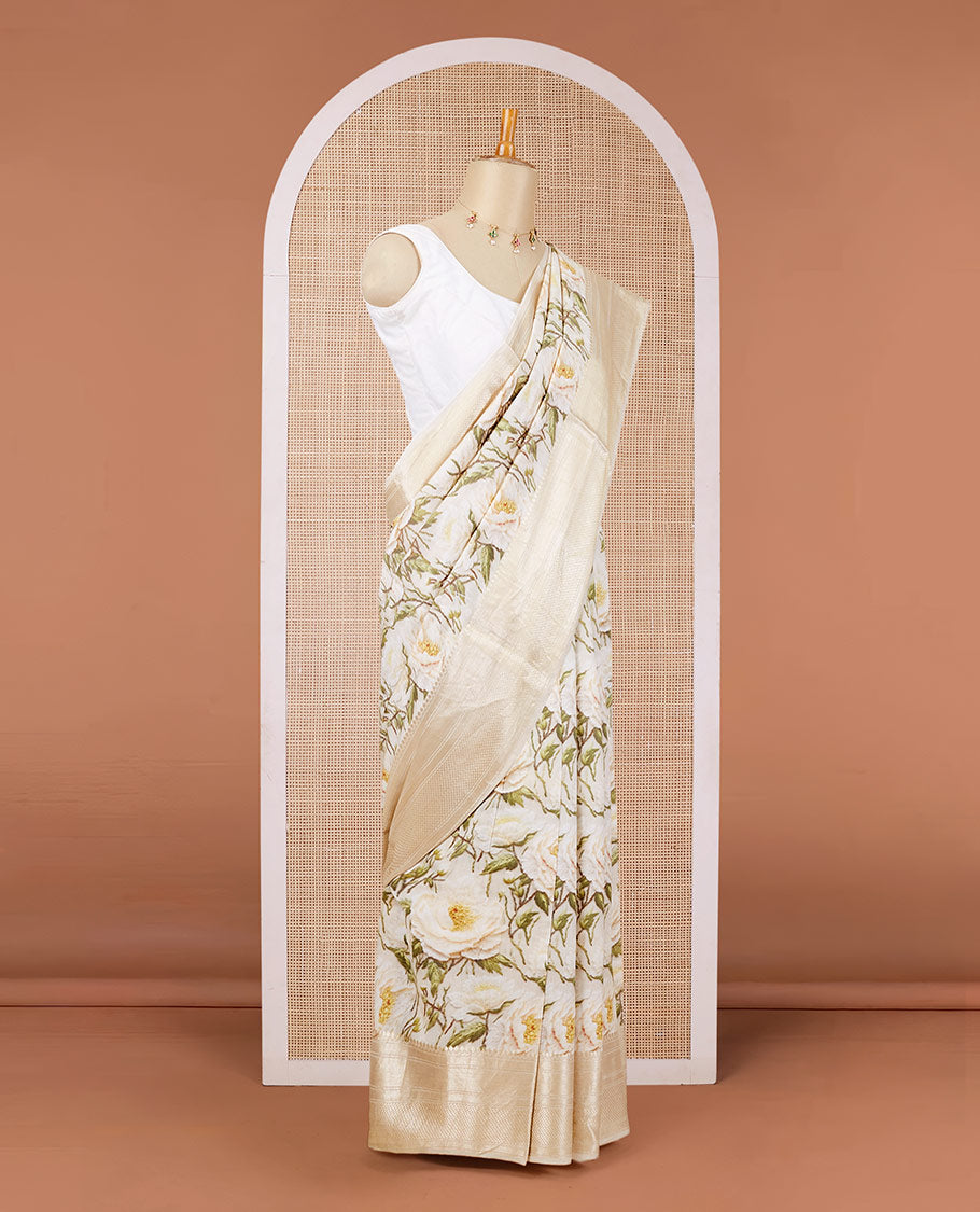 Cream floral printed chiniya silk saree, traditional zari border & zari-rich pallu