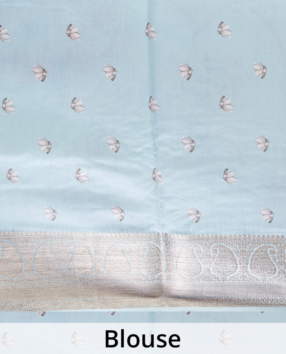 Blue floral motifs printed chiniya silk saree, traditional zari design border of paisleys