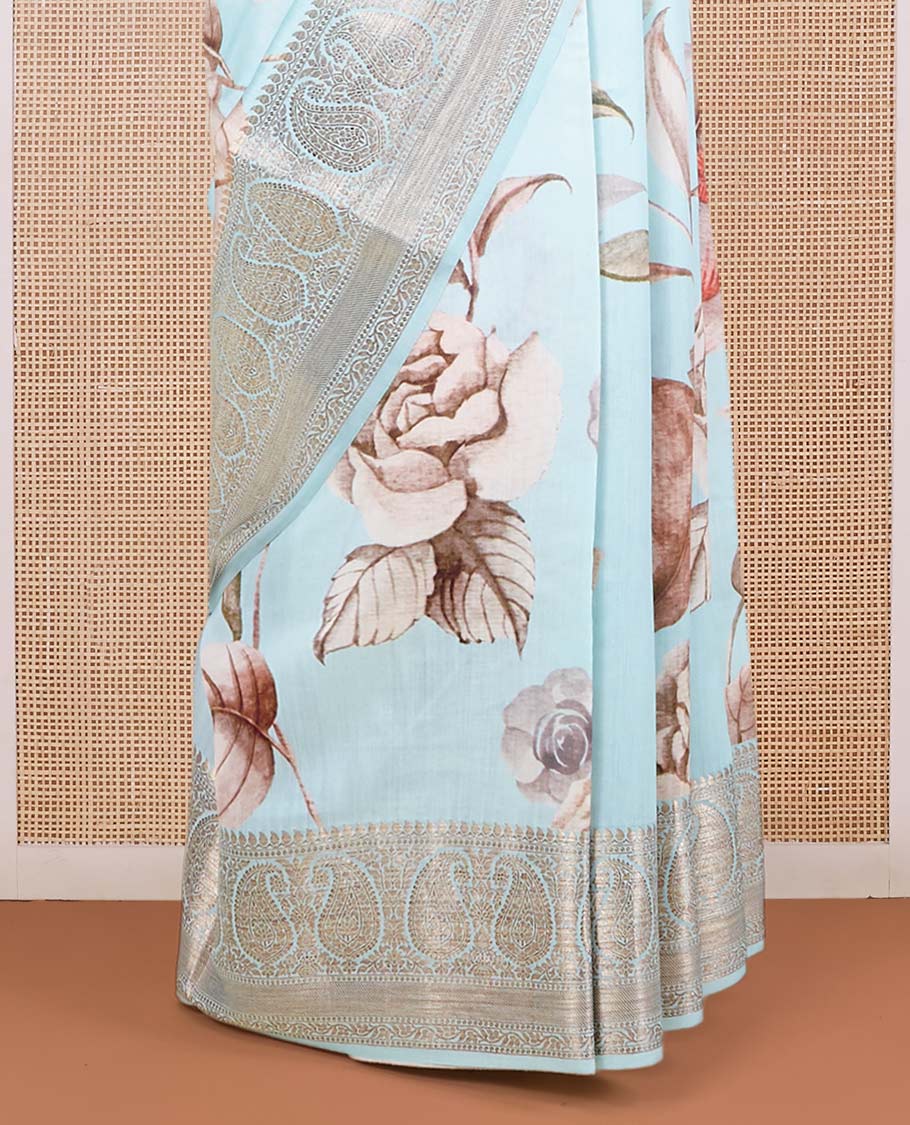 Blue floral motifs printed chiniya silk saree, traditional zari design border of paisleys
