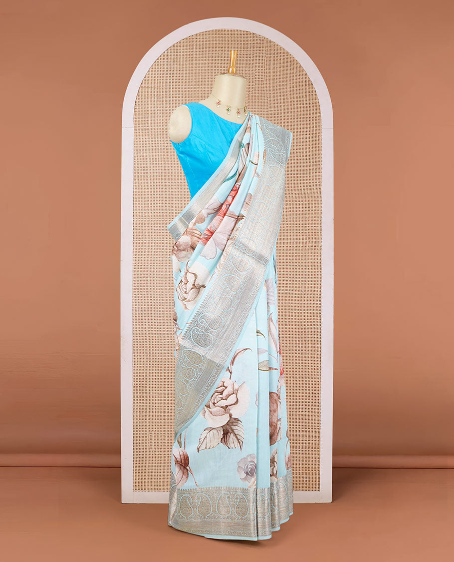 Blue floral motifs printed chiniya silk saree, traditional zari design border of paisleys