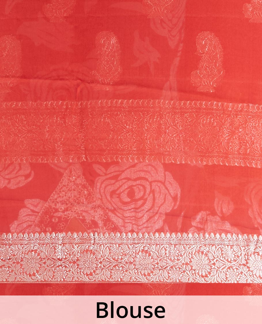 Red banarasi georgette saree with zari buttas, floral creeper zari border & pallu of paisleys