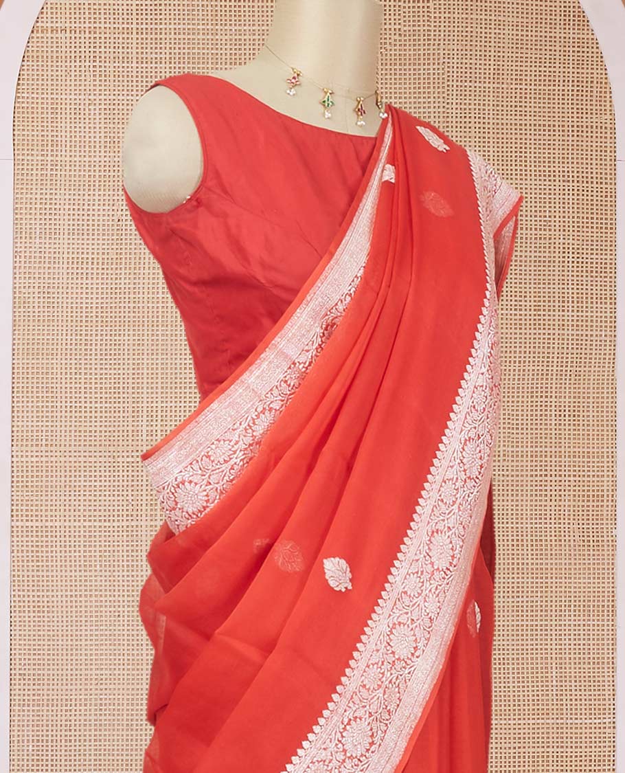 Red banarasi georgette saree with zari buttas, floral creeper zari border & pallu of paisleys