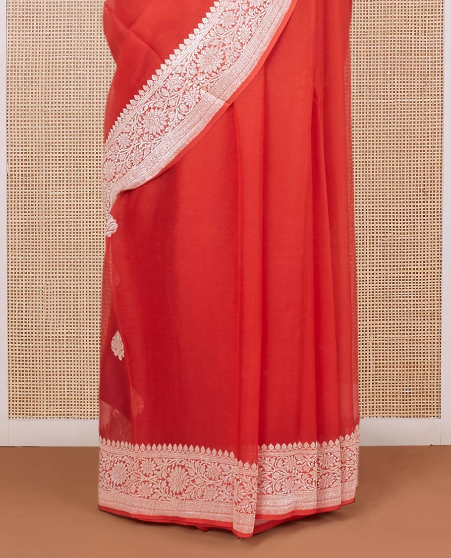 Red banarasi georgette saree with zari buttas, floral creeper zari border & pallu of paisleys
