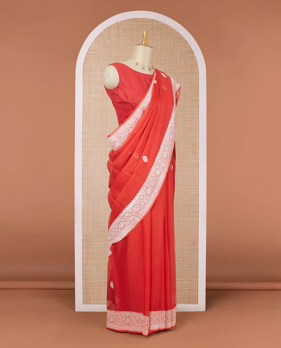 Red banarasi georgette saree with zari buttas, floral creeper zari border & pallu of paisleys