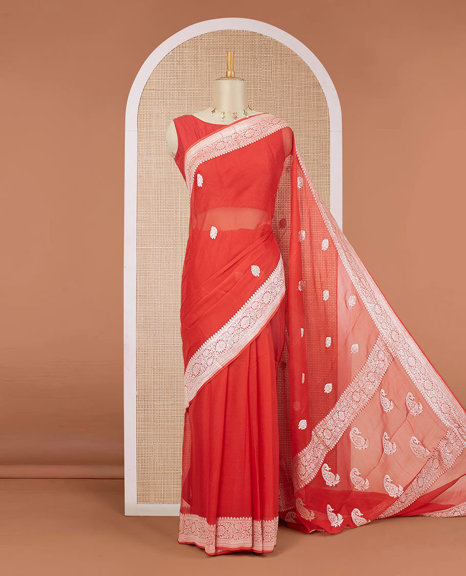 Red banarasi georgette saree with zari buttas, floral creeper zari border & pallu of paisleys