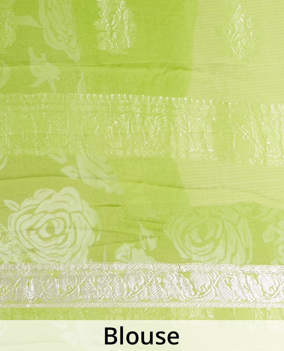 Green banaras georgette saree with zari buttas, traditional zari border of floral creeper design & floral design pallu