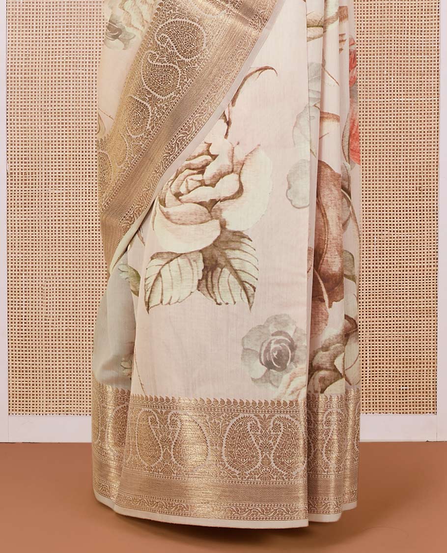 Peach nature-theme floral & leaf motif digitally printed chiniya silk saree, zari traditional design border of paisleys