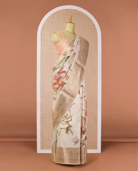 Peach nature-theme floral & leaf motif digitally printed chiniya silk saree, zari traditional design border of paisleys