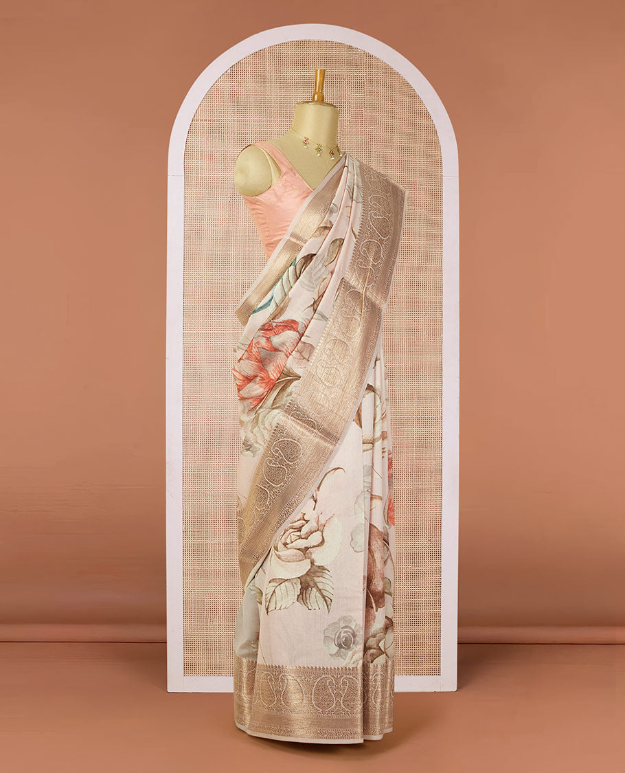 Peach nature-theme floral & leaf motif digitally printed chiniya silk saree, zari traditional design border of paisleys