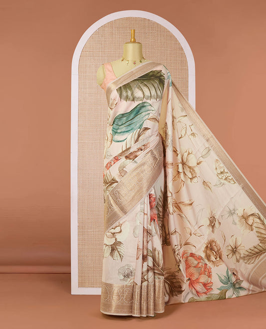 Peach nature-theme floral & leaf motif digitally printed chiniya silk saree, zari traditional design border of paisleys