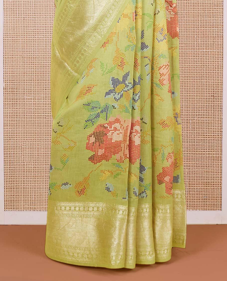 Green floral designs digitally printed chiniya silk saree, traditional zari border & zari design pallu