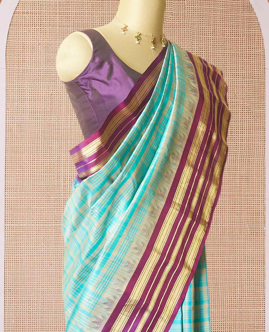Blue checked woven gadwal silk saree, contrast vidarbha traditional zari border & pallu of zari stripes